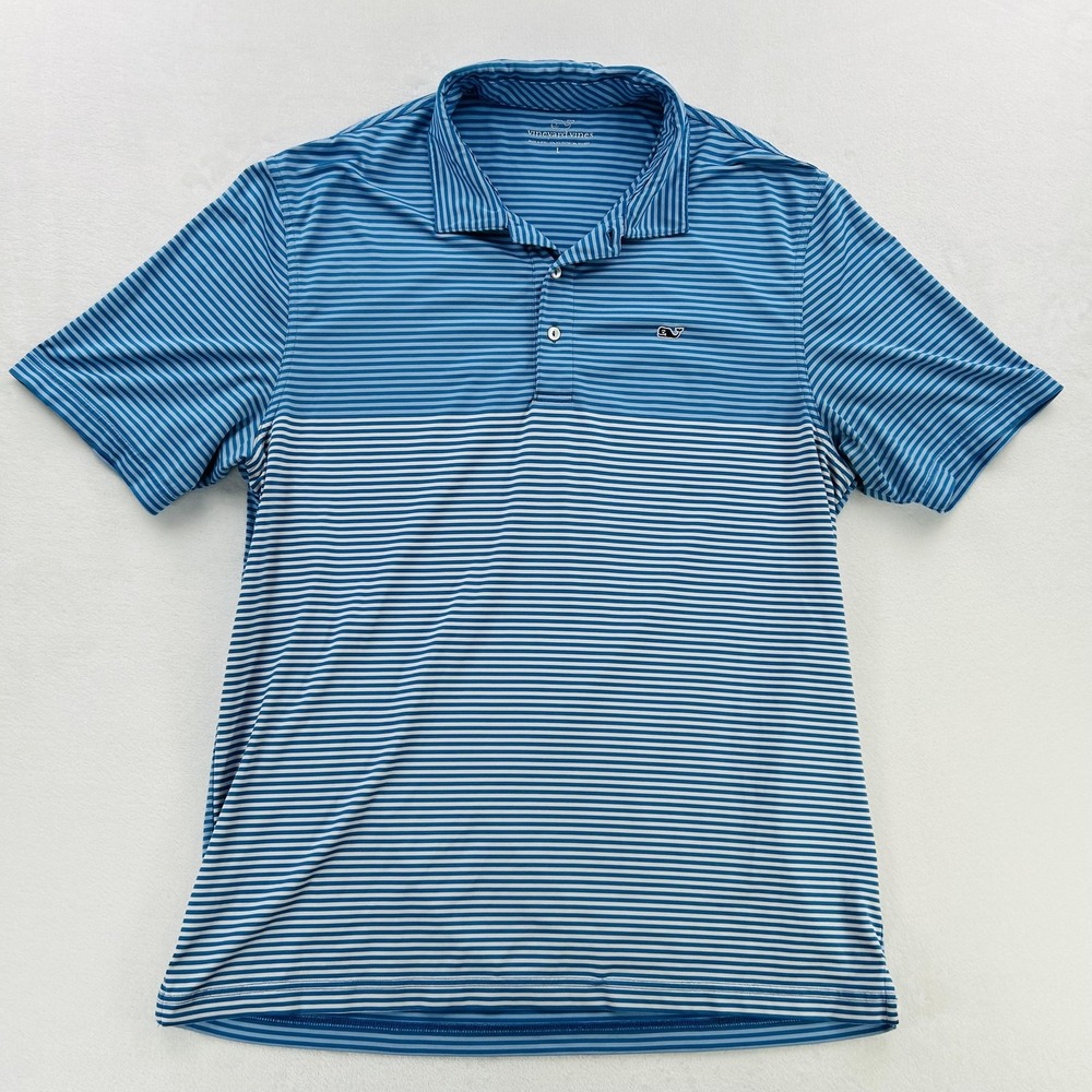 Vineyard Vines Polo Shirt Mens Large Blue Stripe Performance Golf Stretch Whale